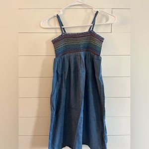 Girls chambray sundress with rainbow seersucker stitching